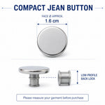 Diagram showing the dimensions of the compact silver metal jean button and its low-profile back lock.