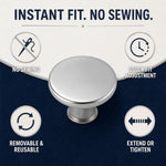 A silver metal button pin surrounded by four icons illustrating its features: no sewing, quick fit, removable, and