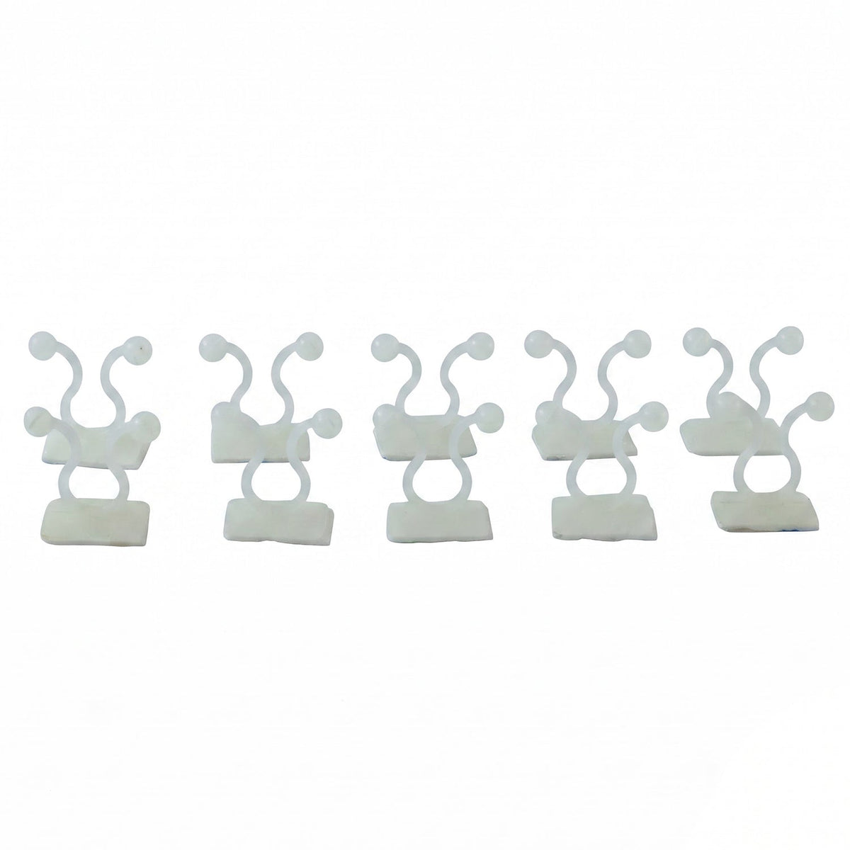Five white plastic self-adhesive plant clips are arranged in a row on a plain white background.