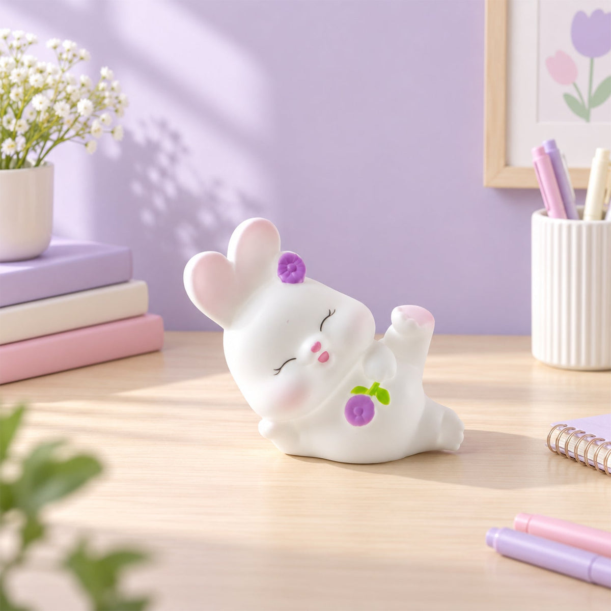 Reclining rabbit night light illuminated with a warm glow