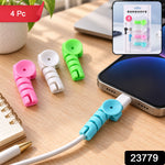 Four cable protectors on a desk, one attached to a phone, with a 4 Pc label and product number 23779.