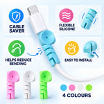 A blue cable protector on a white charging cable, highlighting its cable saver, flexible, and easy-to-install features.