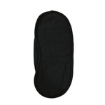A black, padded eye mask with an elastic strap is shown from the back on a white background.