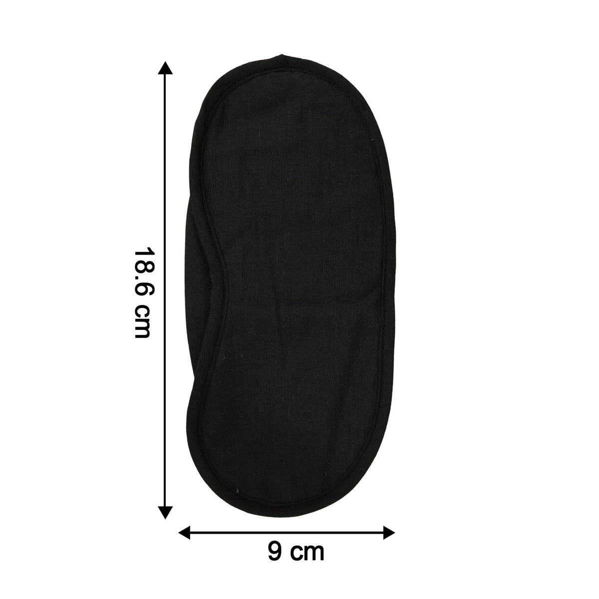 A black, padded eye mask with an elastic strap is shown with dimensions of 18.6 cm length and 9 cm width.