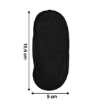 A black, padded eye mask with an elastic strap is shown with dimensions of 18.6 cm length and 9 cm width.
