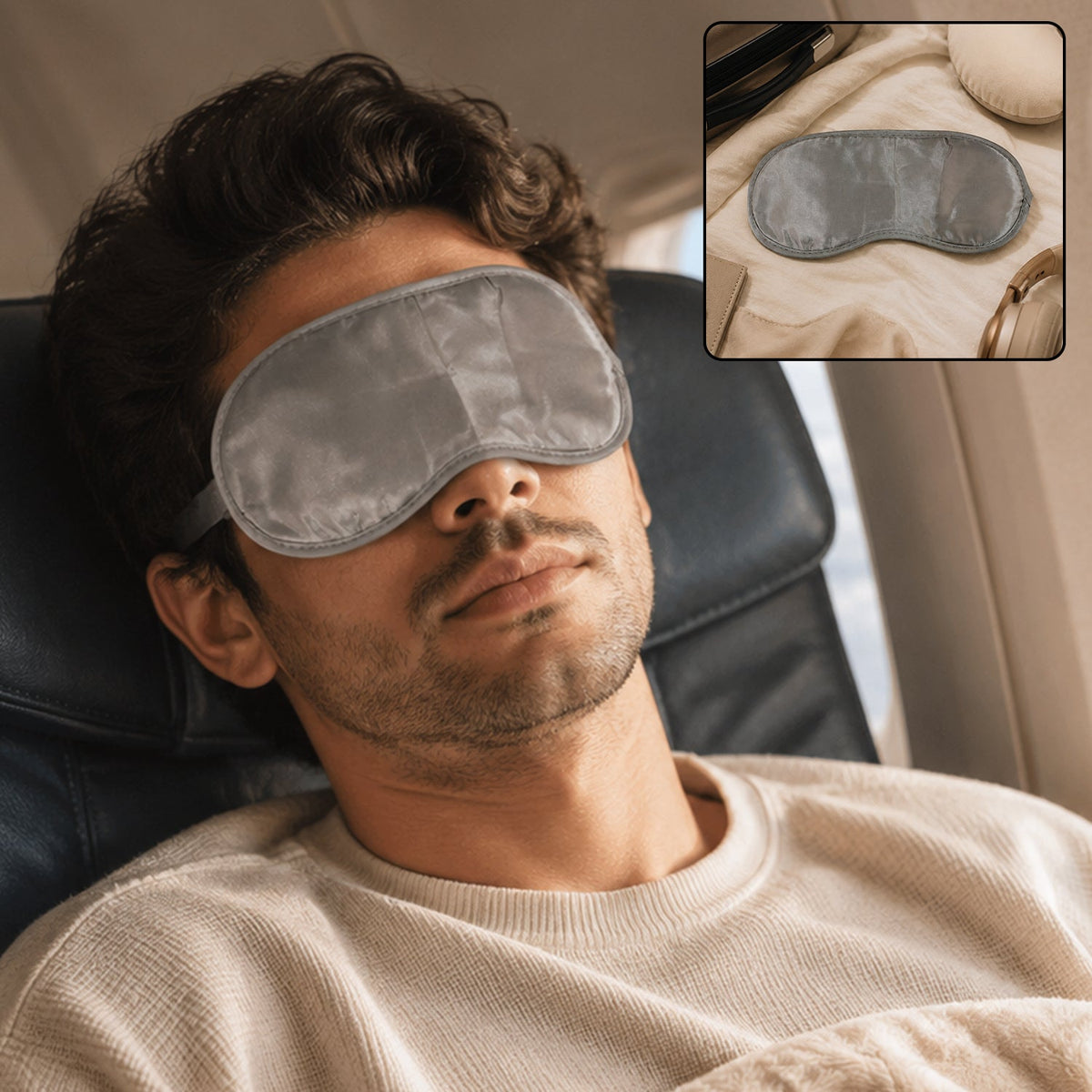 A man wearing a grey satin eye mask sleeps in an airplane seat, with an inset showing the mask on a beige blanket