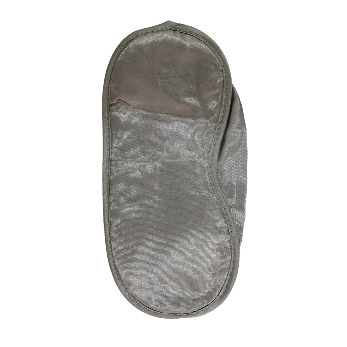 A grey satin sleeping eye mask is shown flat on a white background, highlighting its smooth texture.
