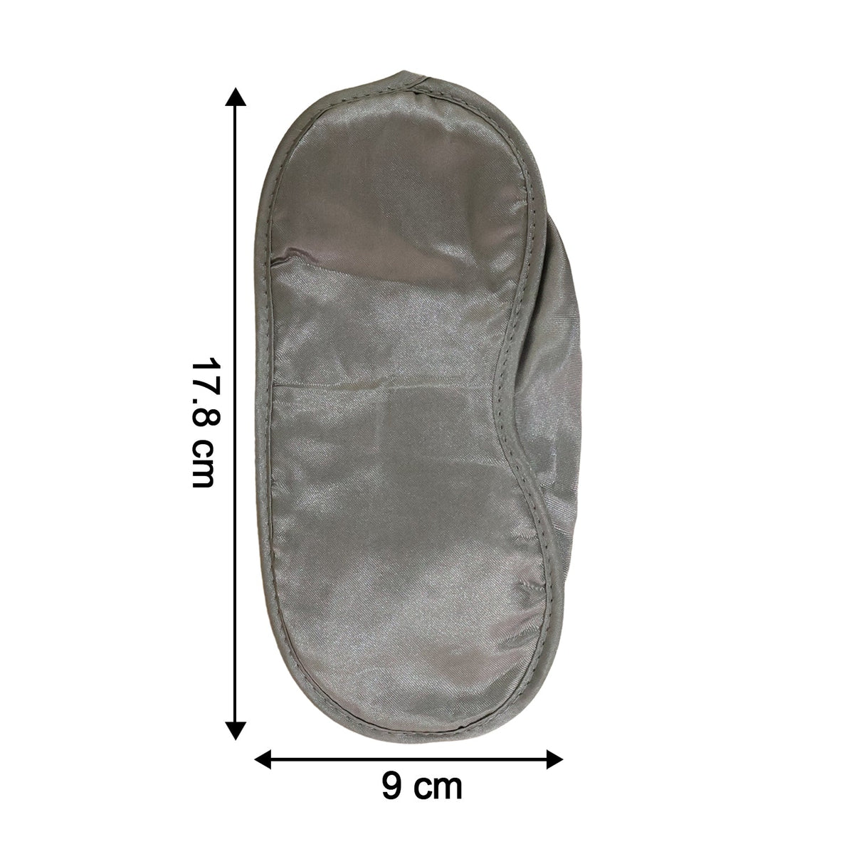 A grey satin sleeping eye mask on a white background with dimensions: 17.8 cm length and 9 cm width.