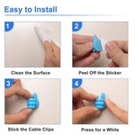Four step-by-step instructions show how to clean a surface, peel the sticker, stick the clip, and press it for installation.