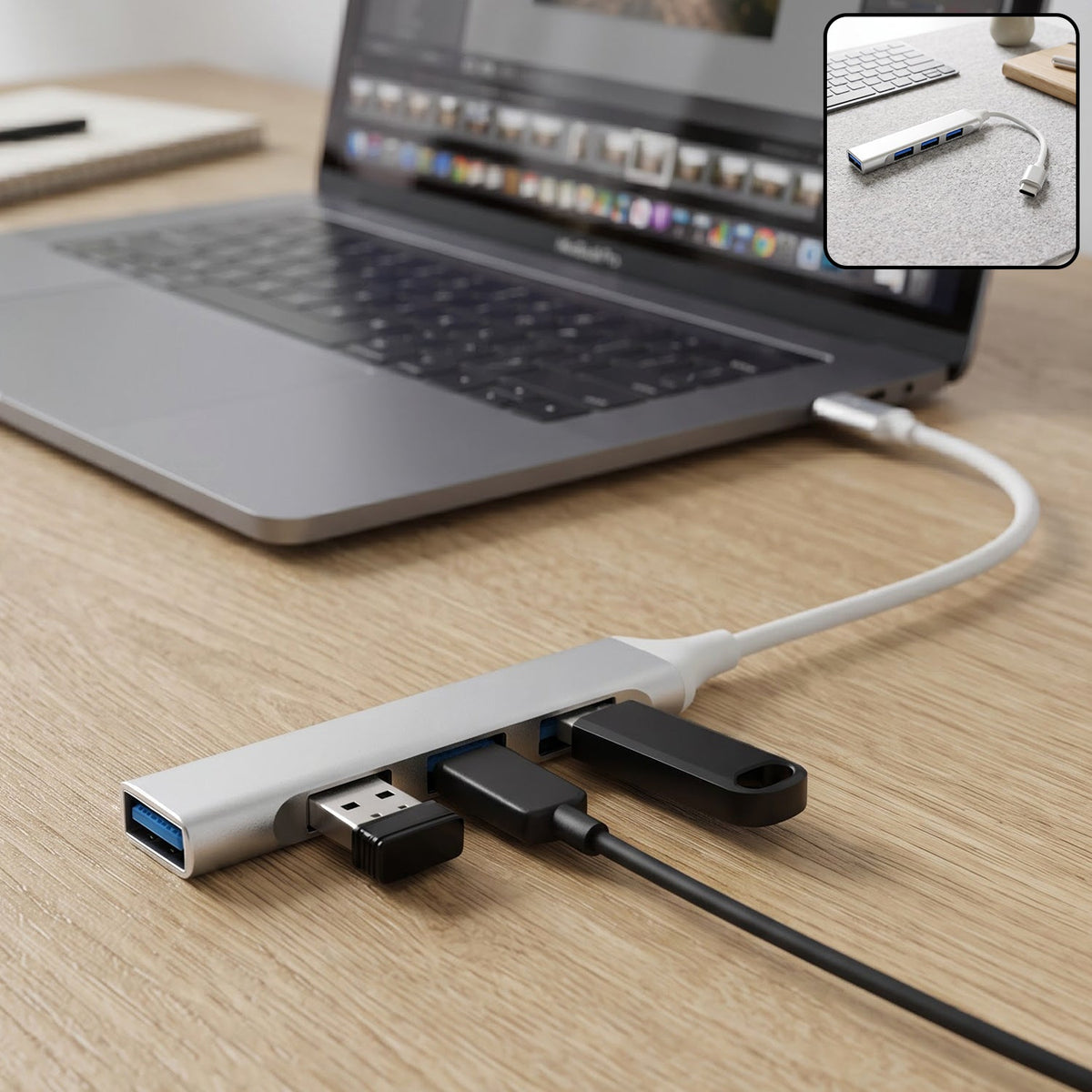 A silver Type C to four-port USB hub connected to a laptop, with a USB drive and cable plugged in