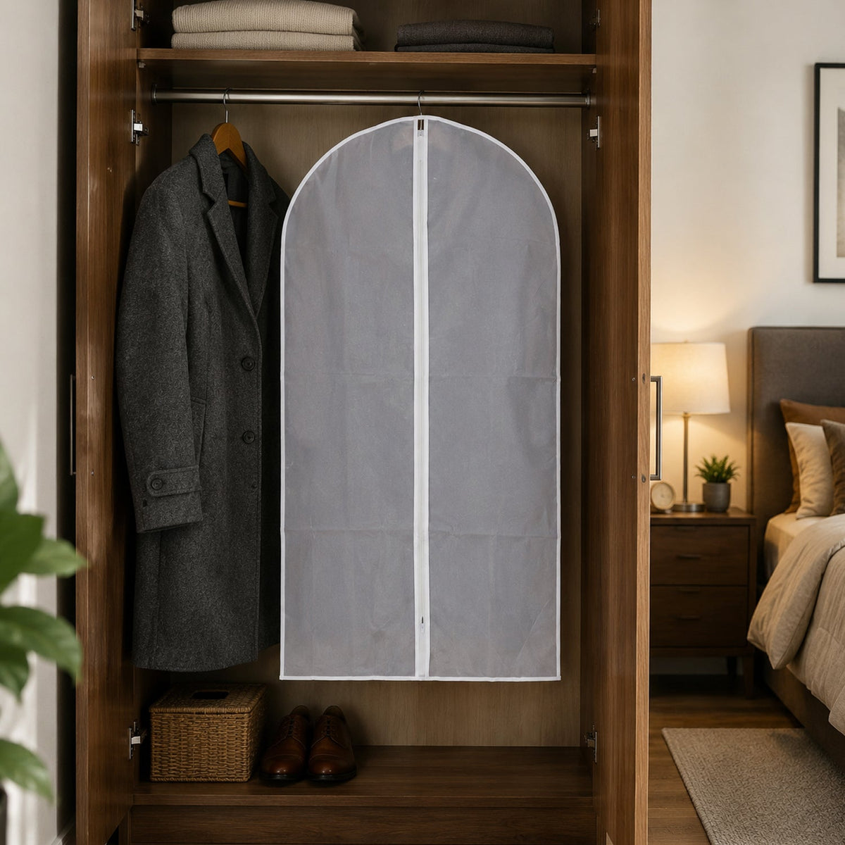 A translucent garment bag with a white zipper hangs inside a wooden wardrobe next to a gray coat.