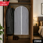 A translucent garment bag with a white zipper hangs inside a wooden wardrobe with a red '1 pc, 118 Cm' label.