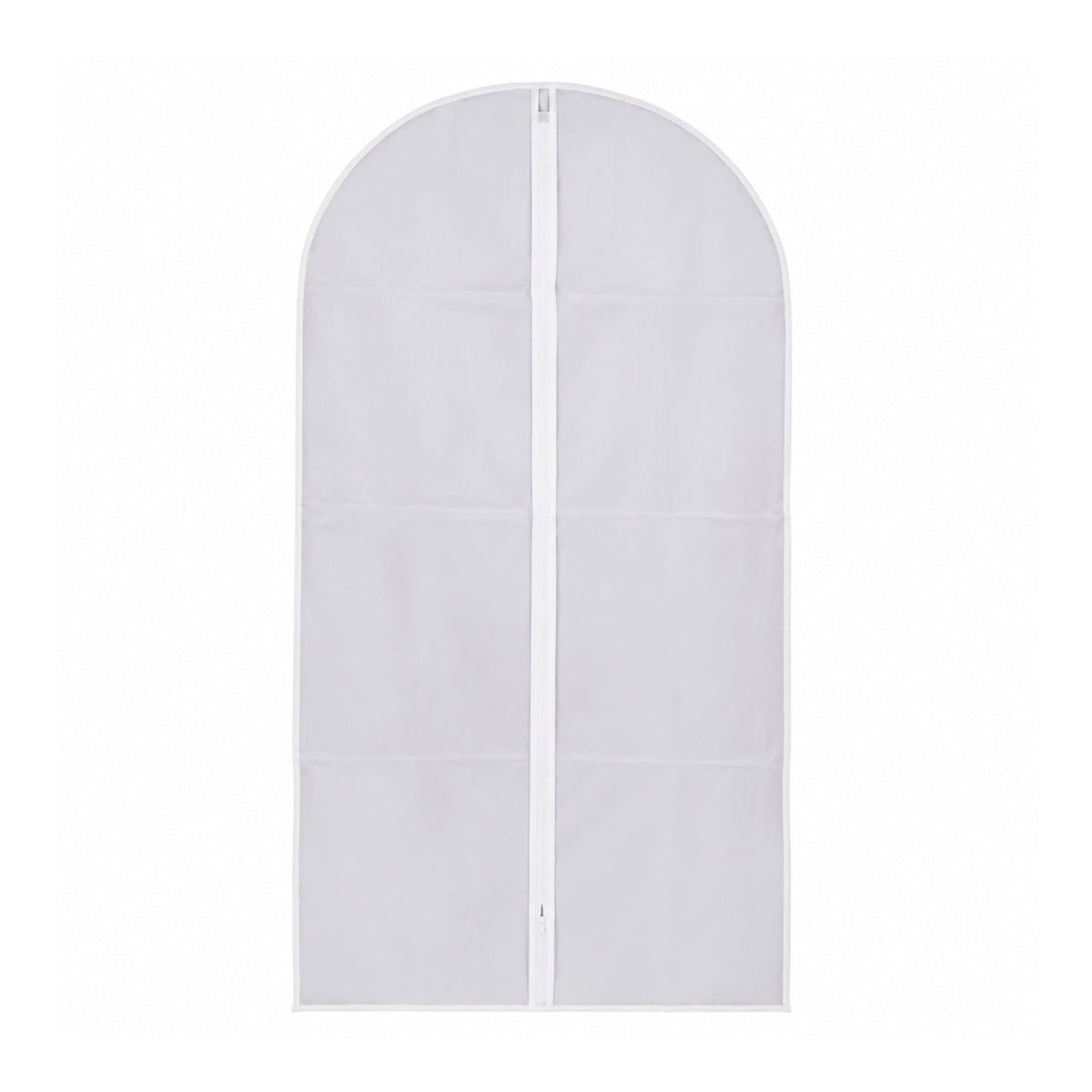A translucent garment bag with a white zipper on a white background.