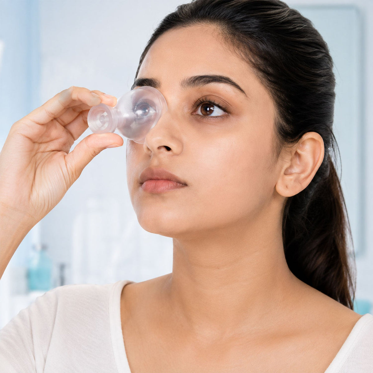 A woman with dark hair and a white top holds a clear eye wash cup to her open eye, looking forward in a bathroom setting.
