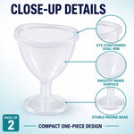 A single transparent eye wash cup with callouts highlighting its eye-contoured oval rim, smooth inner surface, and stable