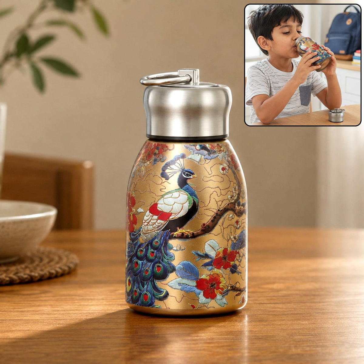 Peacock Print Stainless Steel Water Bottle & Dual Spice Dispenser Combo