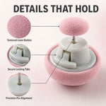 Close-up details of duvet button locking tabs and alignment pin