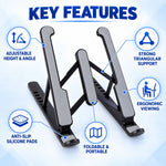 A black and gray adjustable stand with icons illustrating key features like adjustability, strong support, and portability.