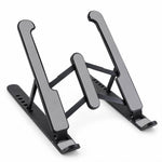 A black and gray adjustable laptop stand is shown unfolded, ready for use, against a white background.