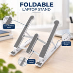 White and gray laptop stand on a wooden desk with callouts for gray padded rails and adjustable angle.