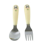 A yellow and silver panda-themed spoon and fork set is displayed upright against a plain white background.