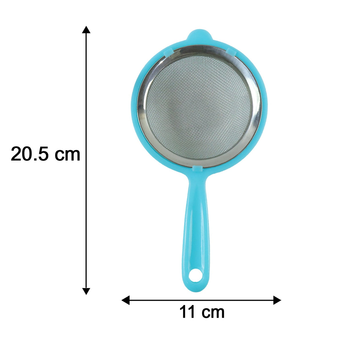 A single blue plastic strainer with stainless steel mesh is shown with measurements for its length and width.