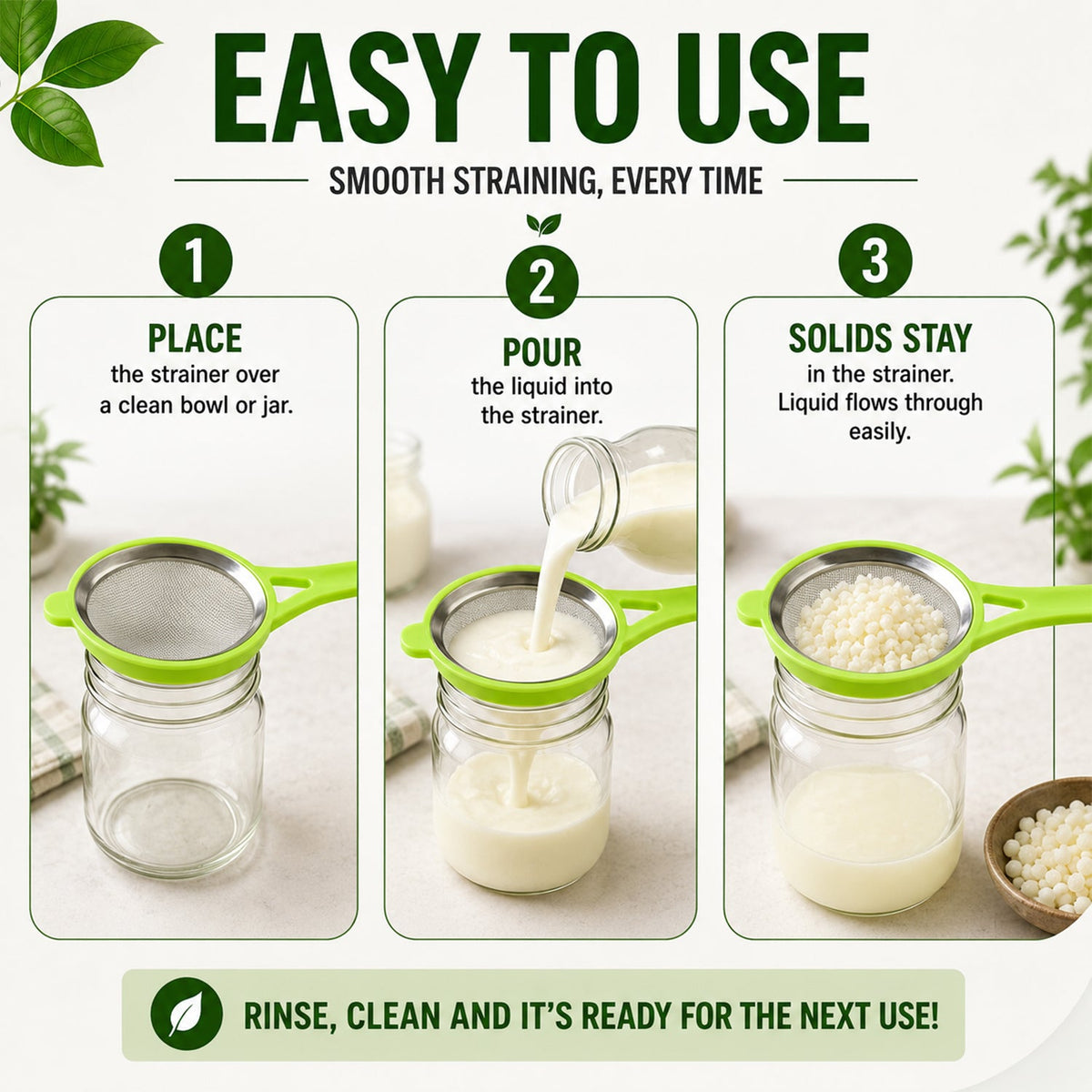 An infographic shows three steps for using a green strainer to separate solids from liquid into a glass jar.
