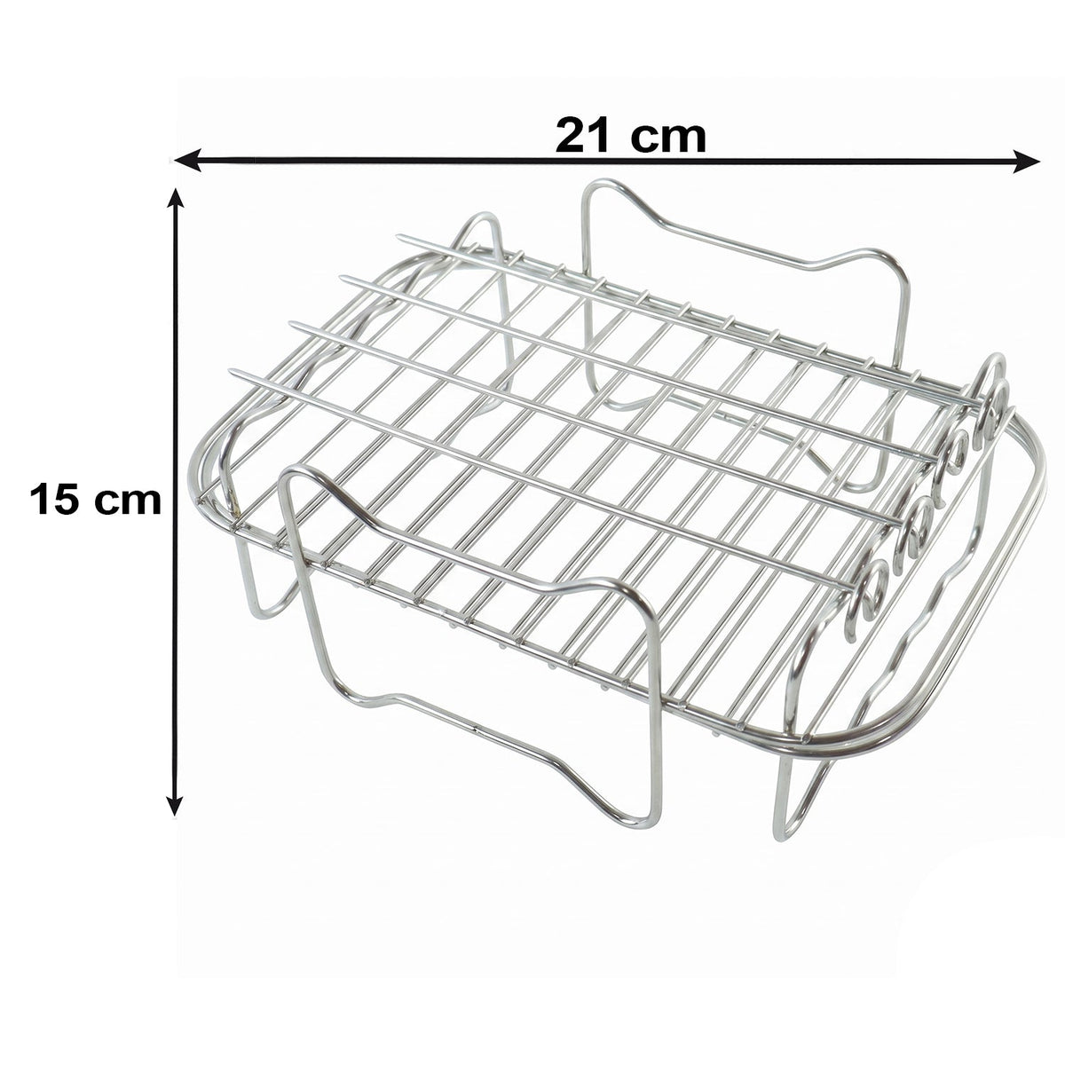 A metal air fryer rack with dimensions of 21 cm width and 15 cm height indicated by arrows on a white background.