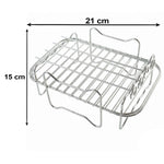 A metal air fryer rack with dimensions of 21 cm width and 15 cm height indicated by arrows on a white background.