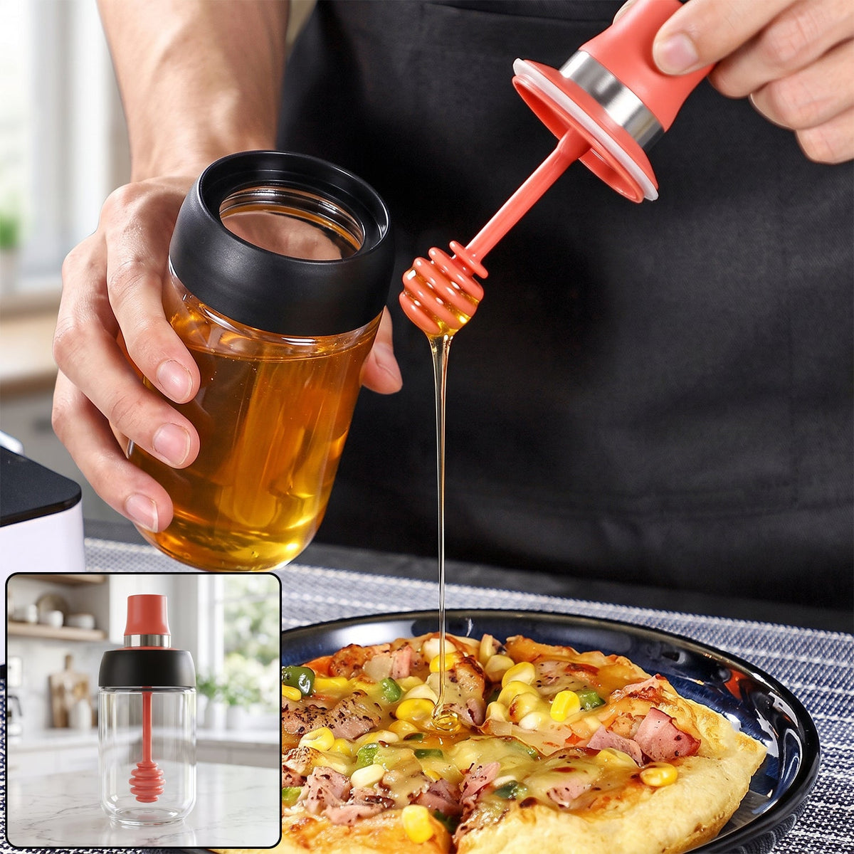 A person drizzles honey from a glass dispenser with a red silicone dipper onto a pizza slice.