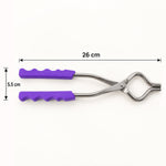 A stainless steel pot lifter with purple handles on a white background, showing dimensions of 26 cm length and 5.5 cm width.