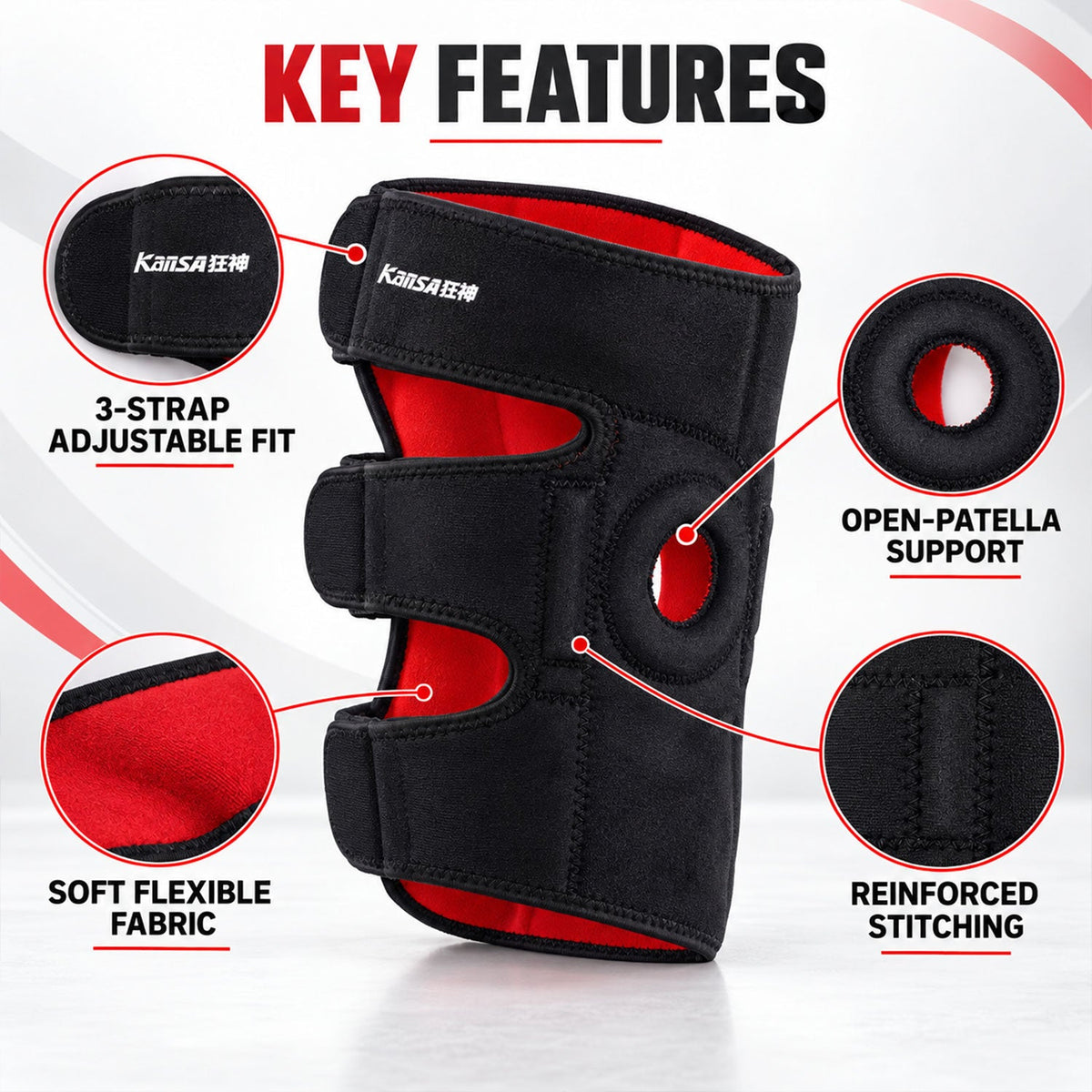 Knee support open patella view