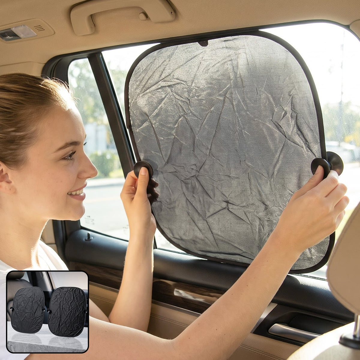 A woman installs a black foldable sunshade with suction cups on a car's side window, with a small inset showing two folded