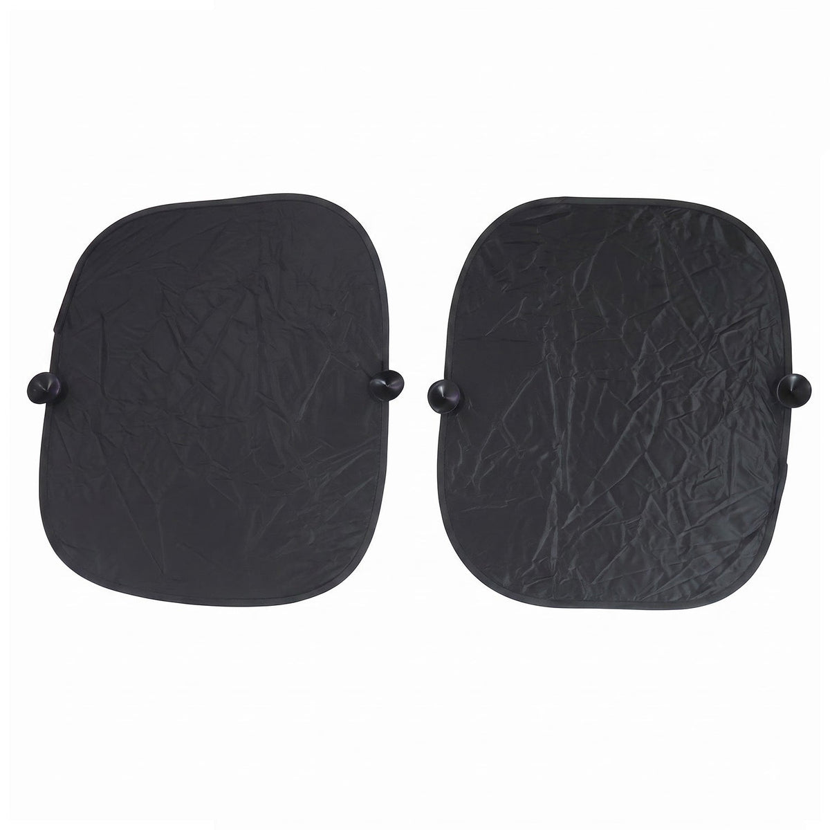 Two black foldable car sunshades with suction cups are laid flat against a plain white background.