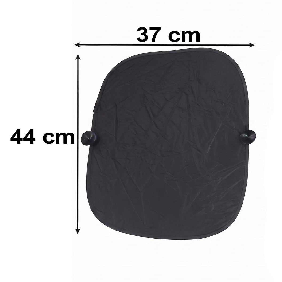 A single black foldable car sunshade with suction cups is shown with dimensions of 37 cm width and 44 cm height.