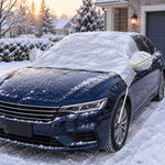 Windshield cover shown on a parked car in winter