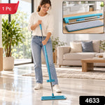 A woman mops a tiled floor with a blue flat mop, with a kitchen inset and product labels.