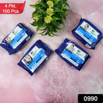 Stacked packs of Beautiful Basics makeup remover wipes with fruit extracts.