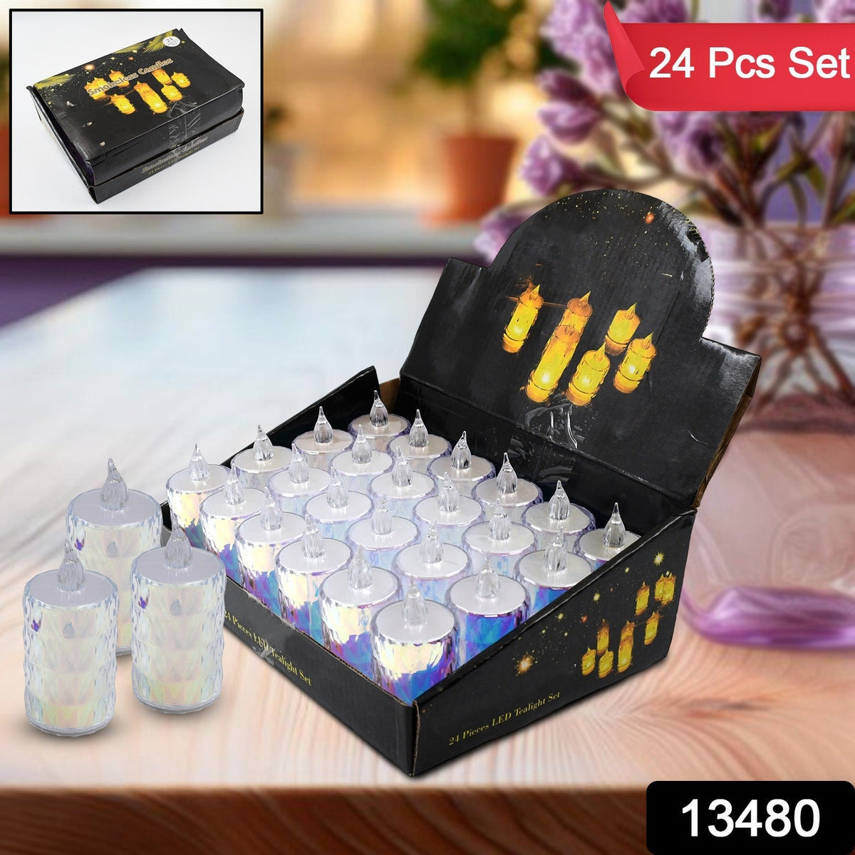 A black display box containing twenty-four unlit LED tea lights, with a smaller box in the corner.