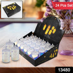 A black display box containing twenty-four unlit LED tea lights, with a smaller box in the corner.