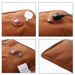 Compact electric heating pad on a white background, highlighting its portable design.