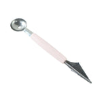 A pink-handled 2-in-1 fruit carving tool with a melon baller and a zigzag knife on a white background.