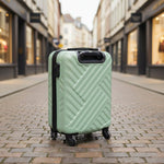 Side view of a durable and lightweight ABS luggage piece with strong zippers.