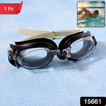 Black and clear swimming goggles with a beige strap on a blue textured surface, with a small inset of a swimmer.