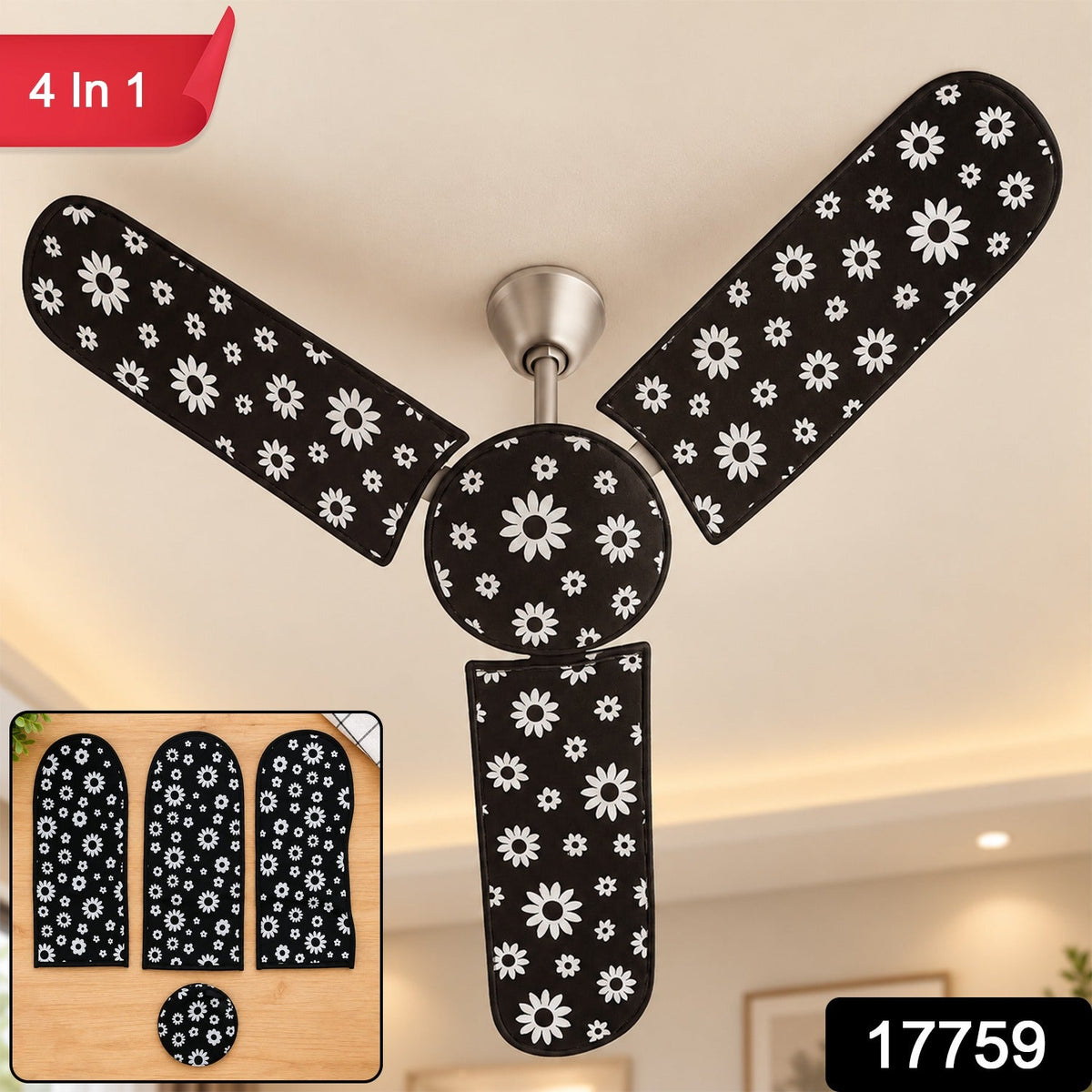 A ceiling fan with black and white floral dust covers, with a red "4 In 1" label and a black "17759" label.