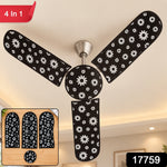 A ceiling fan with black and white floral dust covers, with a red "4 In 1" label and a black "17759" label.