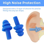 Two blue silicone earplugs are shown next to a diagram of an ear canal with an earplug inserted, highlighting noise