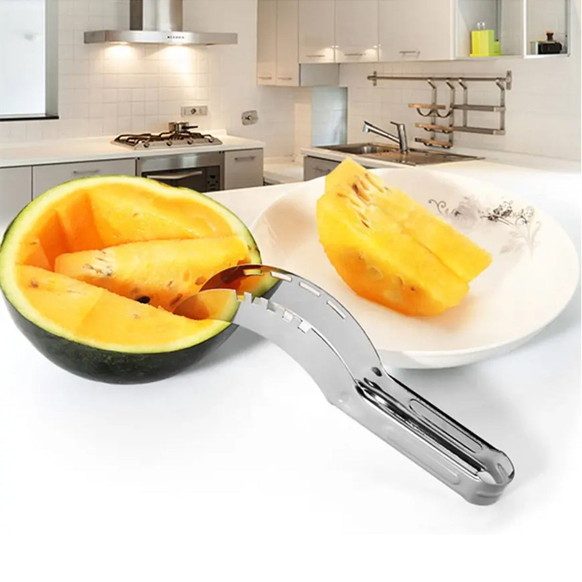 A silver stainless steel slicer is used to cut slices from a yellow watermelon in a modern kitchen setting.