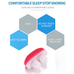 A red and white anti-snoring nose clip with text highlighting benefits like "safe" and "easy to carry."