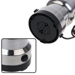 Close-up views show the black power button on the grinder's side and the vented black base with a power cord.
